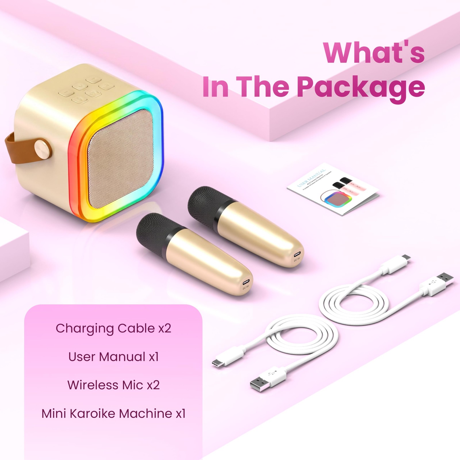 Gold Mini Karaoke Machine Portable Bluetooth Speaker 2 Wireless Microphones