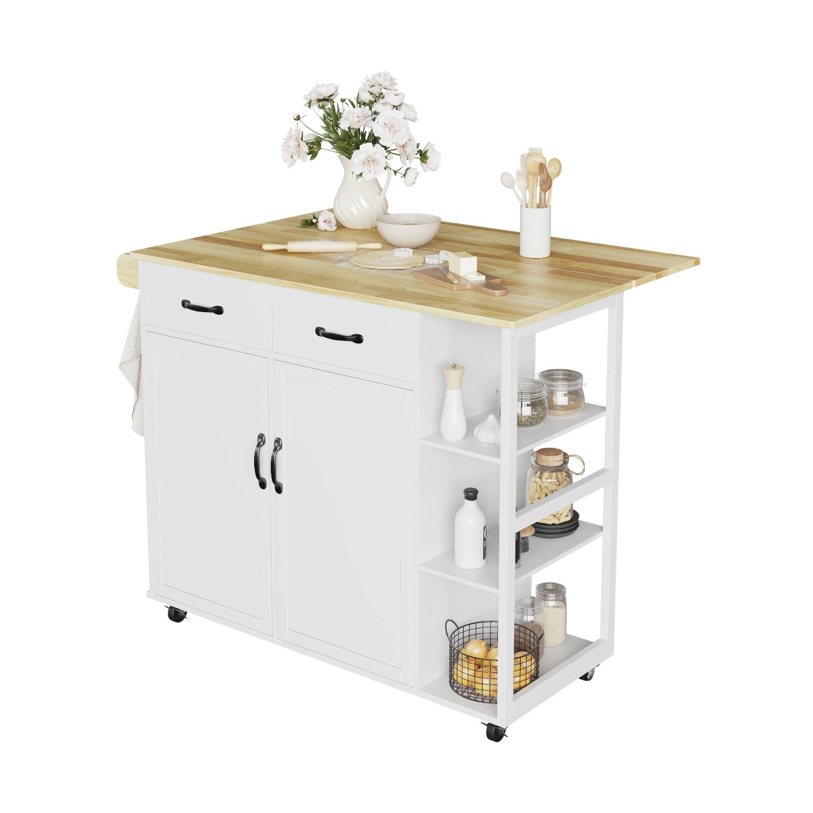 43Inch  Rolling Kitchen Island Cart with Drop Leaf, Storage Cabinet, 2 Drawers