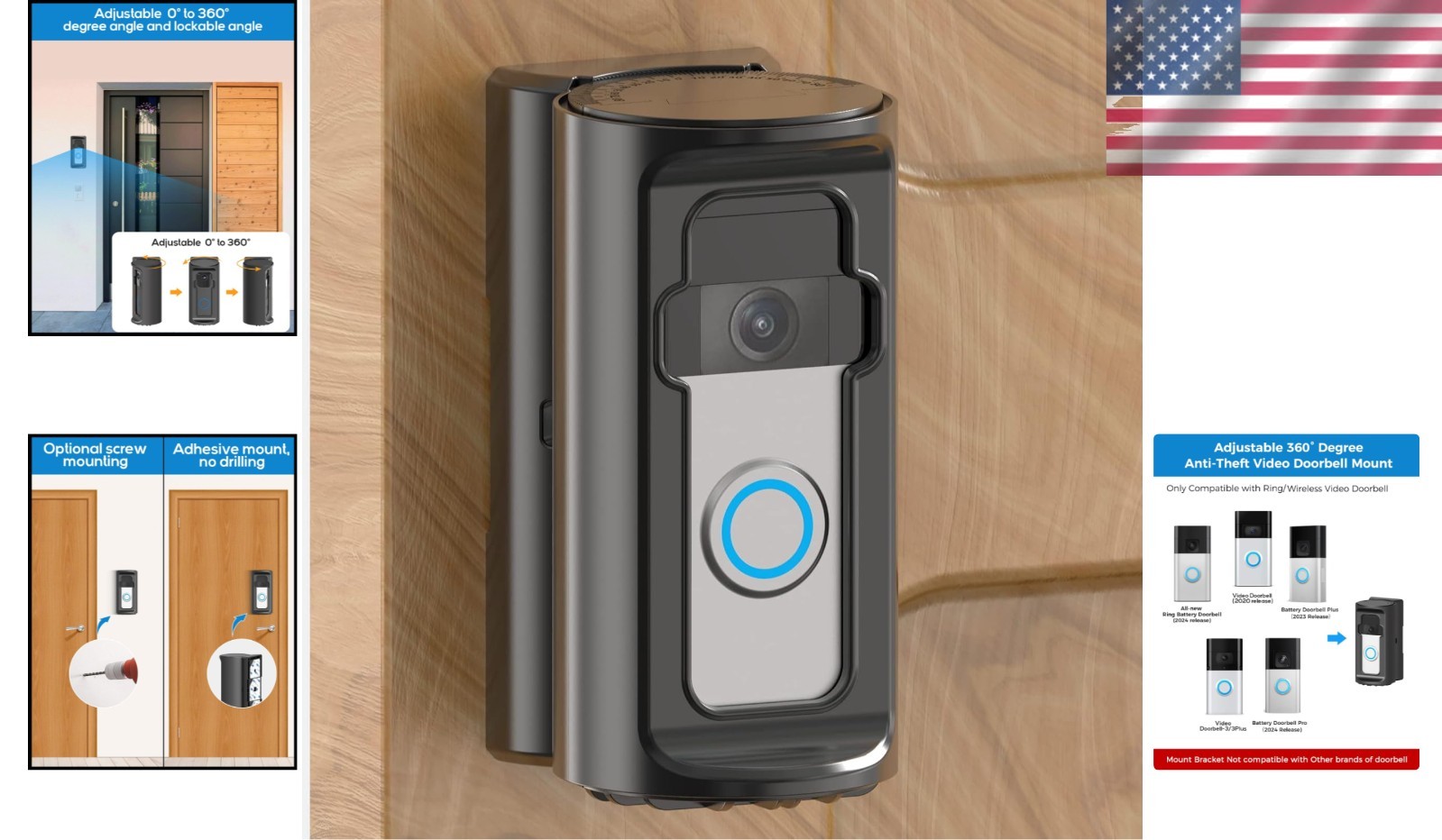 Easy Install Anti-Theft Doorbell Mount for Ring Plus/Pro - Adjustable Angle