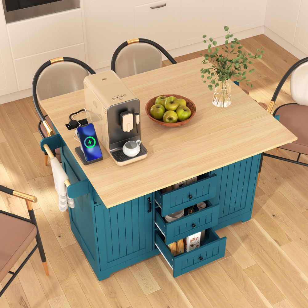 55.7'' Large Kitchen Island with 2 Drop Leaf,, Rolling Kitchen Cart on 5 Wheels