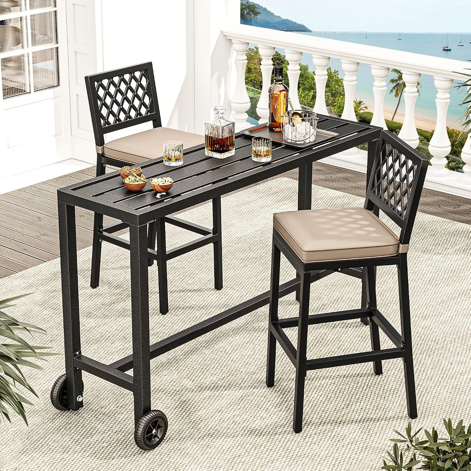 3 Piece Outdoor Bar Table and Chairs Set, 55" Durable Bar Height Table & Cushion