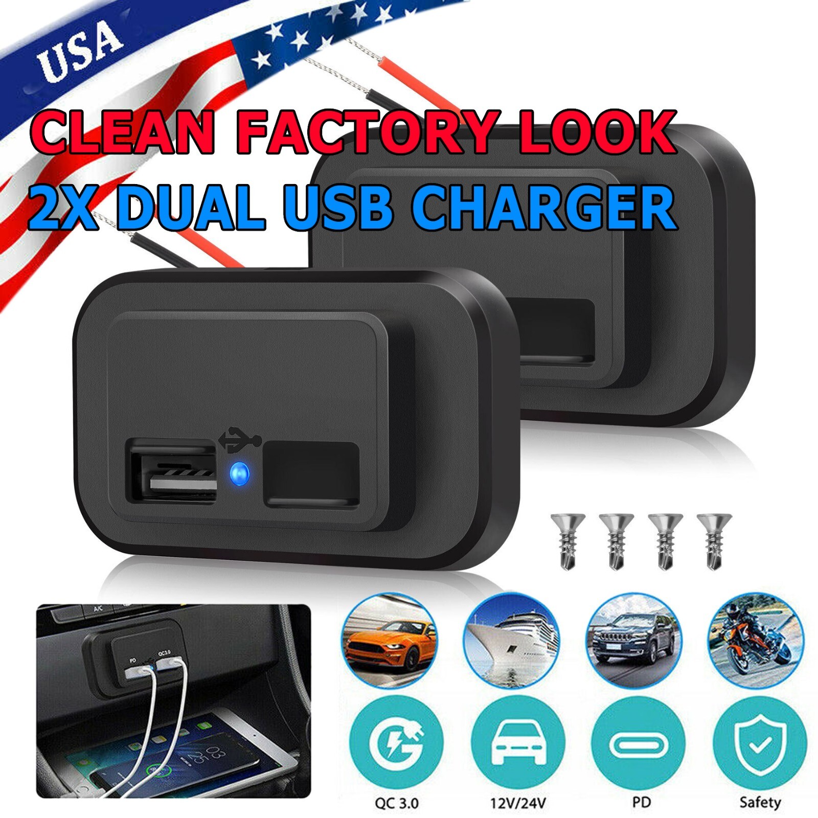 2pcs Dual USB Port Car Fast Charger Socket Power Outlet Panel Mount Waterproof
