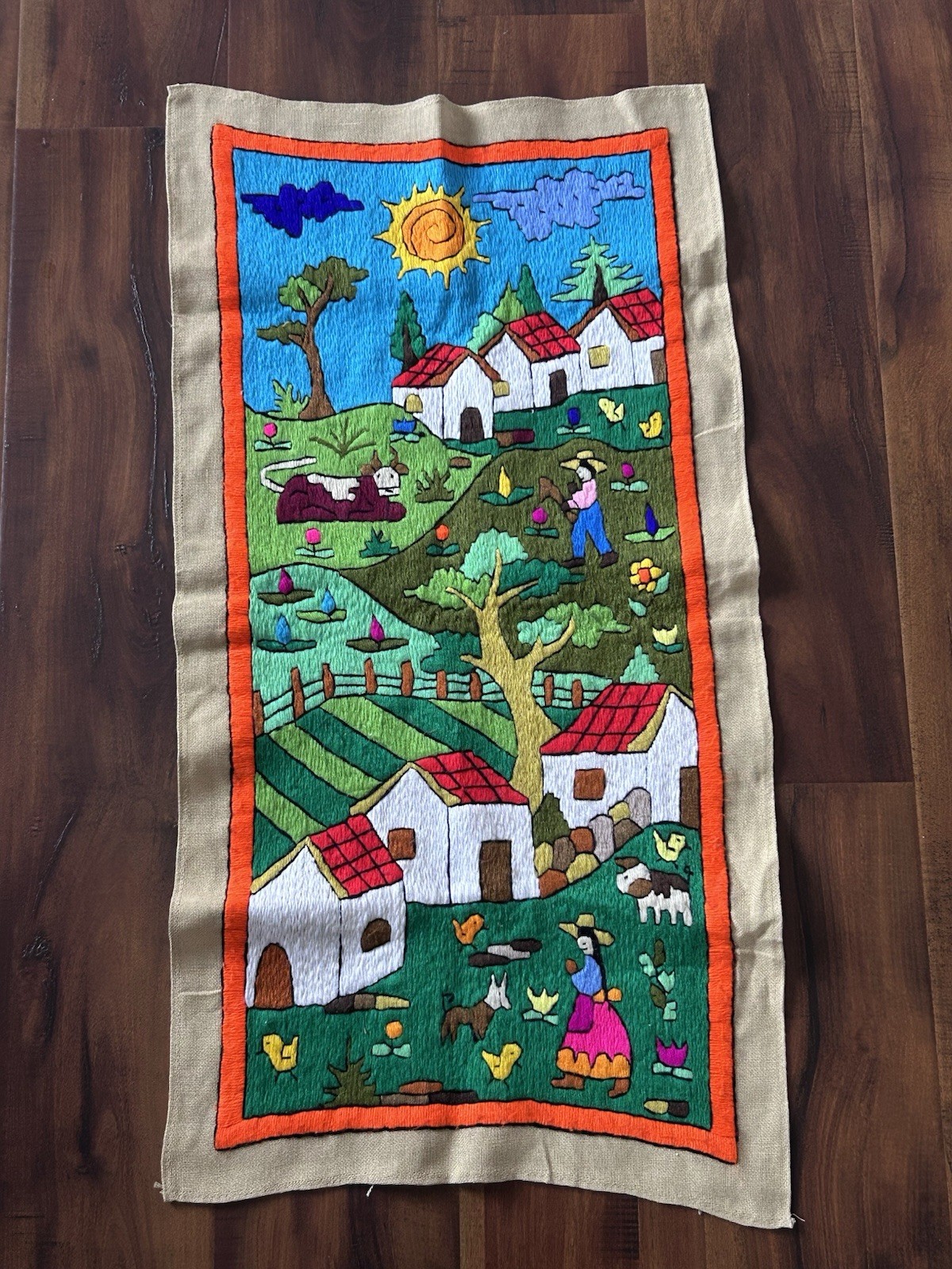 Vintage Crewel Peruvian Arpillera Fabric Folk Art