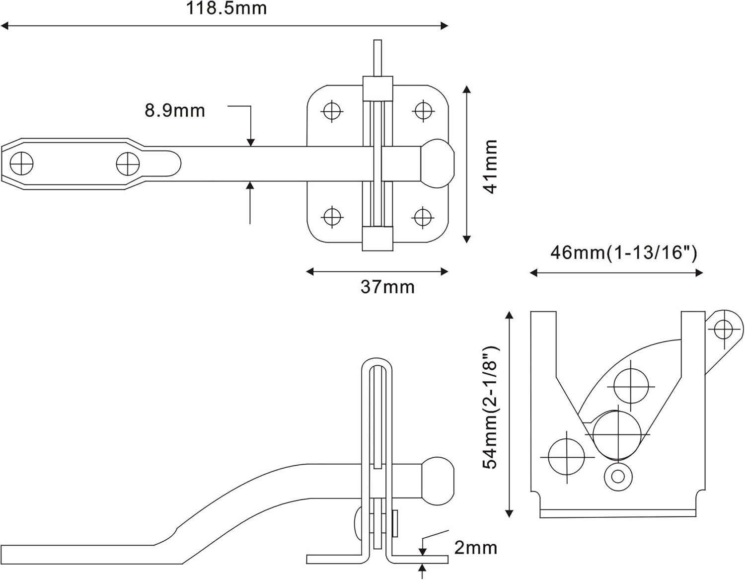 Self-Locking Gate Latch, 2-1/8"", 304 Stainless Steel, 2 Pack