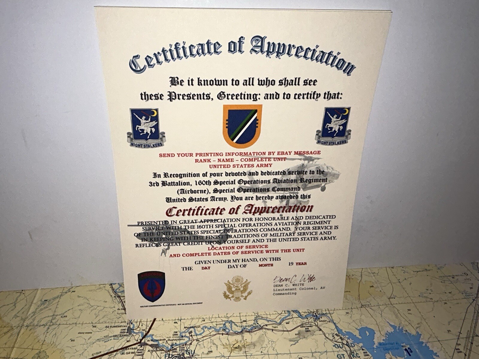 U.S. ARMY - 3RD BN / 160TH S.O.A.R. (AIRBORNE) CERTIFICATE OF APPRECIATION