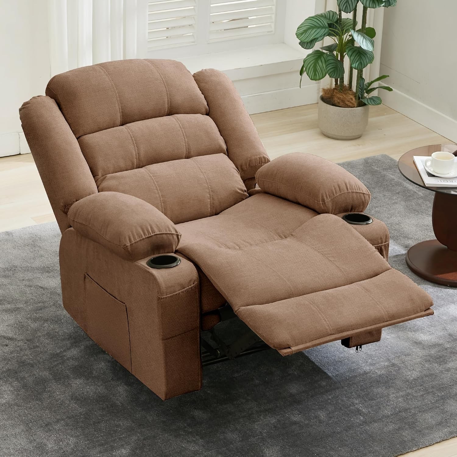 Recliner with Cup Holders & Storage Pockets, Brown Chair Ideal for Home Theater
