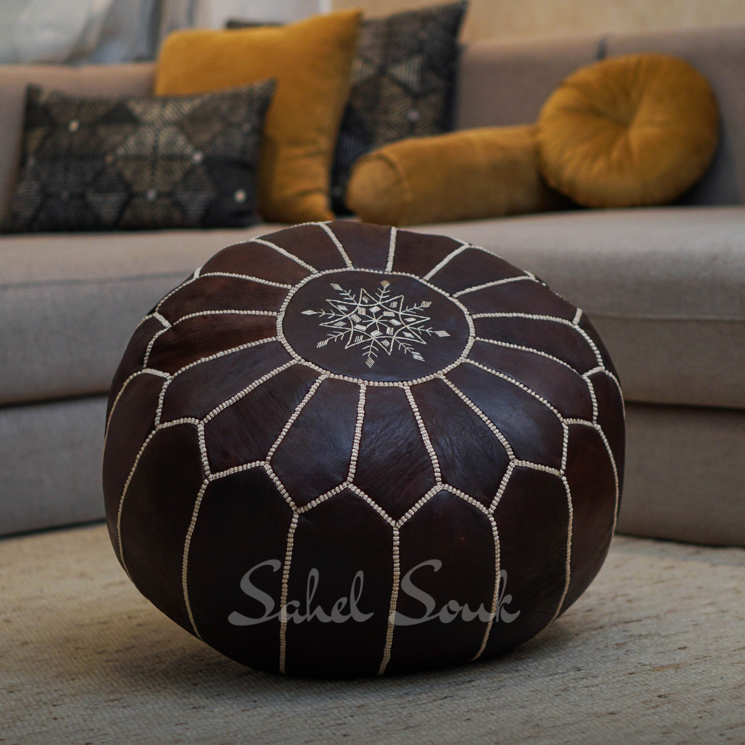 Moroccan Leather Pouf Unstuffed Moroccan Pouf Cover Boho Ottoman (Dark Brown)