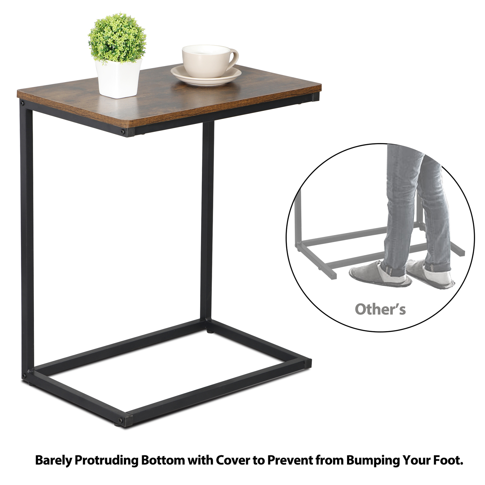 C Shaped End Table Living Room Side Table for Couch Slide Under Rustic Brown