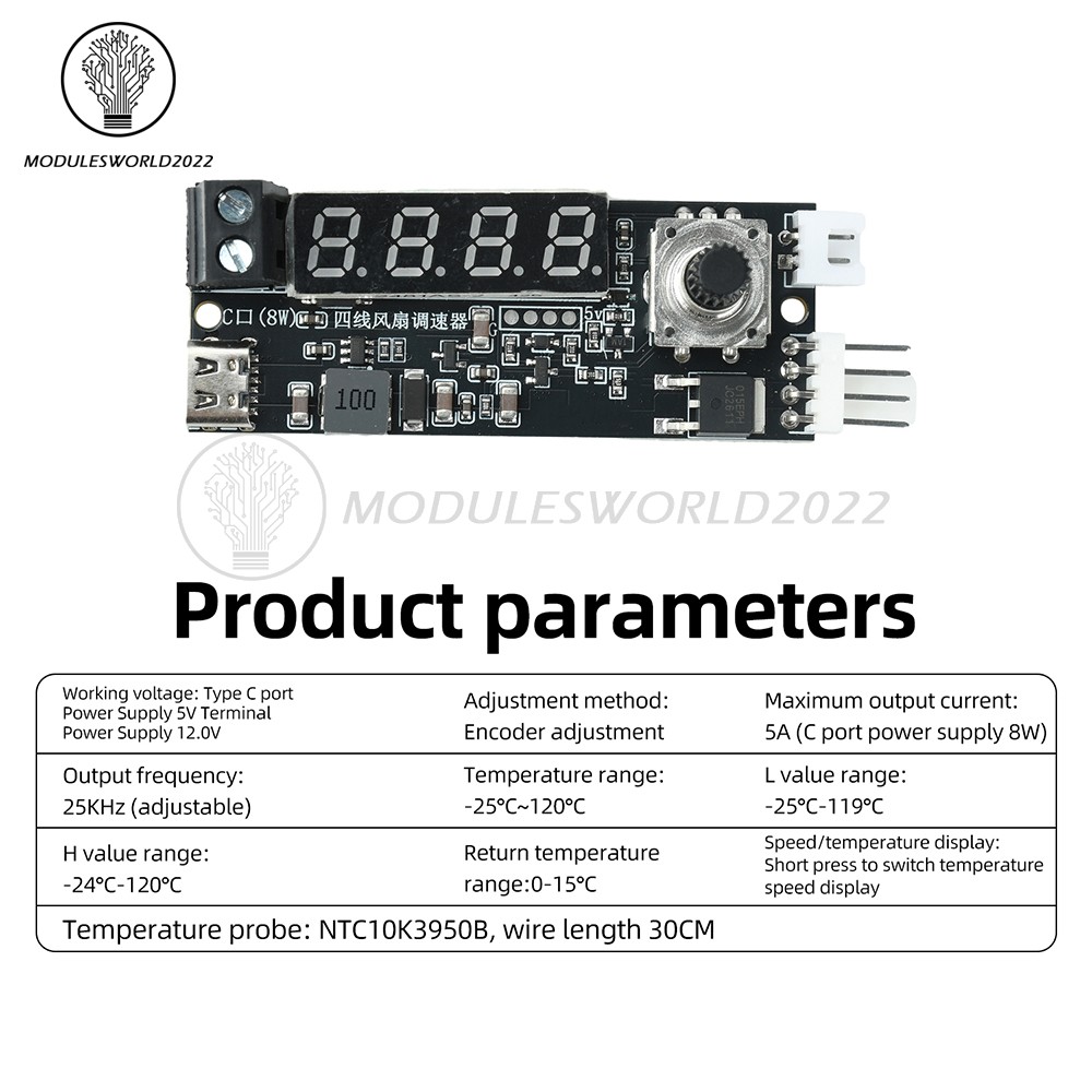 5V 12V 5A 4-Wire PWM Fan Speed Control Module Smart Temperature Control +Display