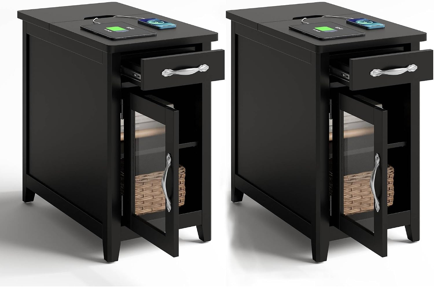 End Table Set of 2 with Charging Station, Modern Farmhouse Sofa Couch Side Table