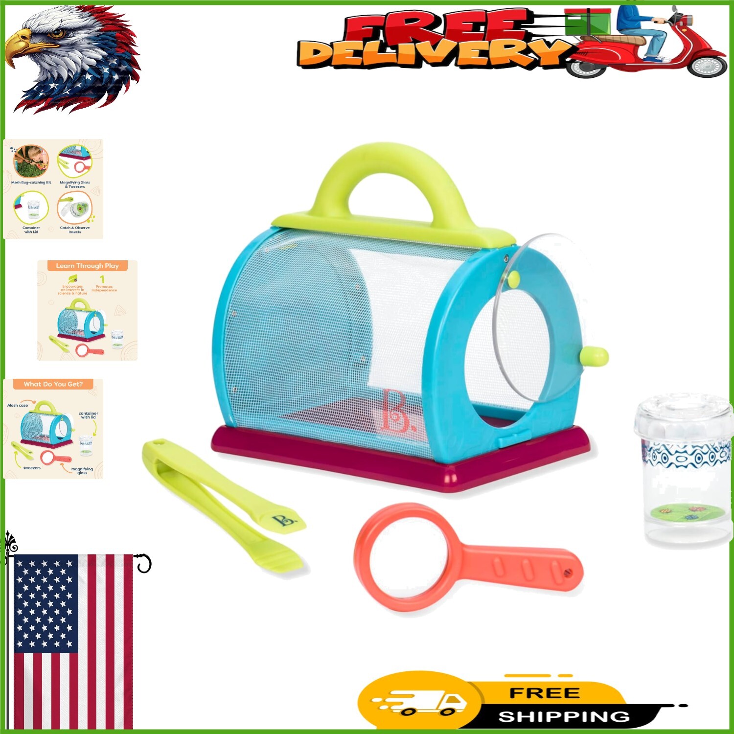 Toddler-Safe Bug Bungalow with Mesh Case, Tweezers & Magnifier - Explore Nature
