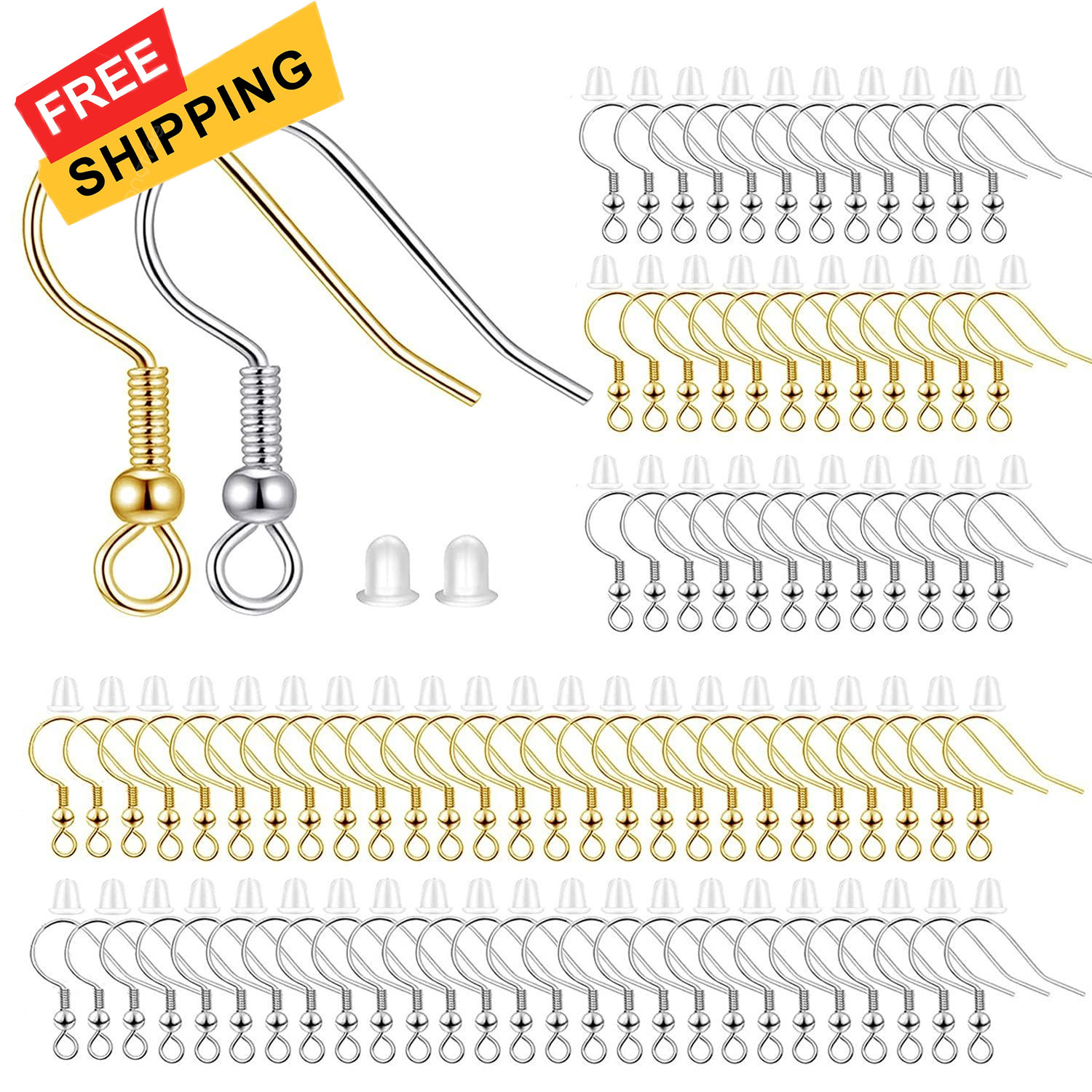 BEADNOVA 200pcs Mix Earring Hooks & Backs, Silver & Gold, 100pcs