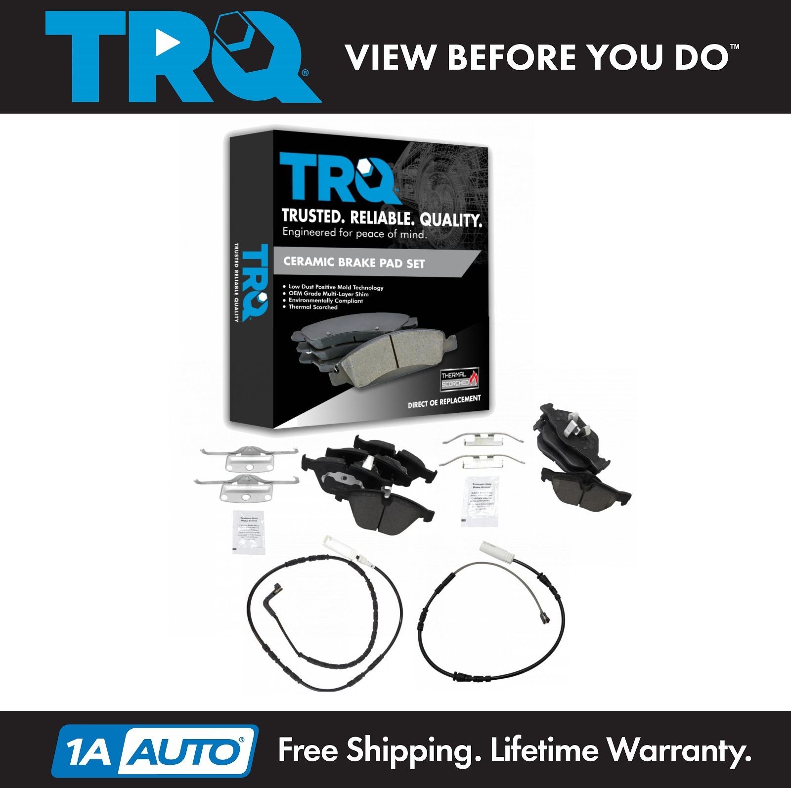 TRQ Front & Rear Premium Posi Ceramic Disc Brake Pads & Wear Sensors Kit for BMW
