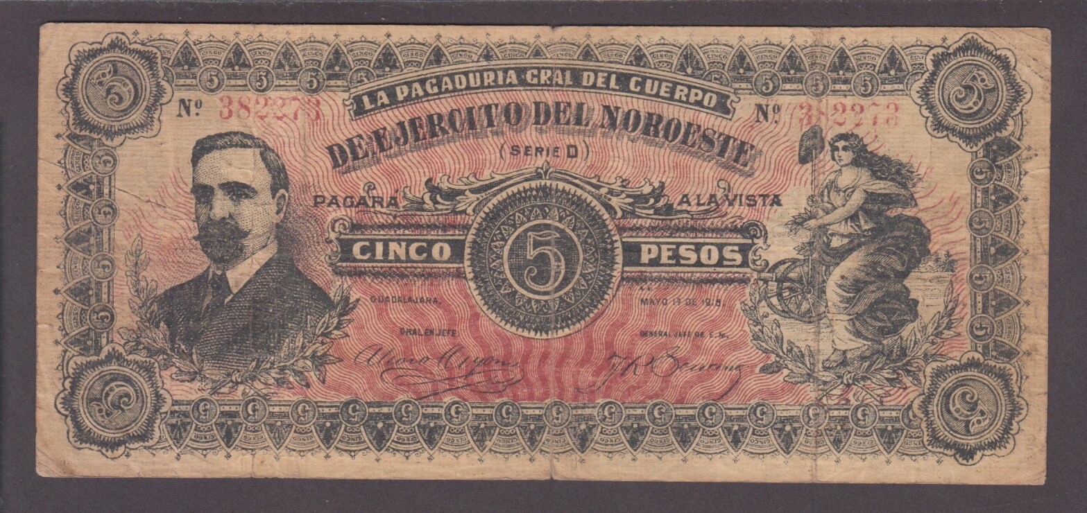 MEXICO P.S870a-8373 5 PESOS 1.5.1915 SERIE D EJERCITO DEL NORTE JAL. CIRCULATED