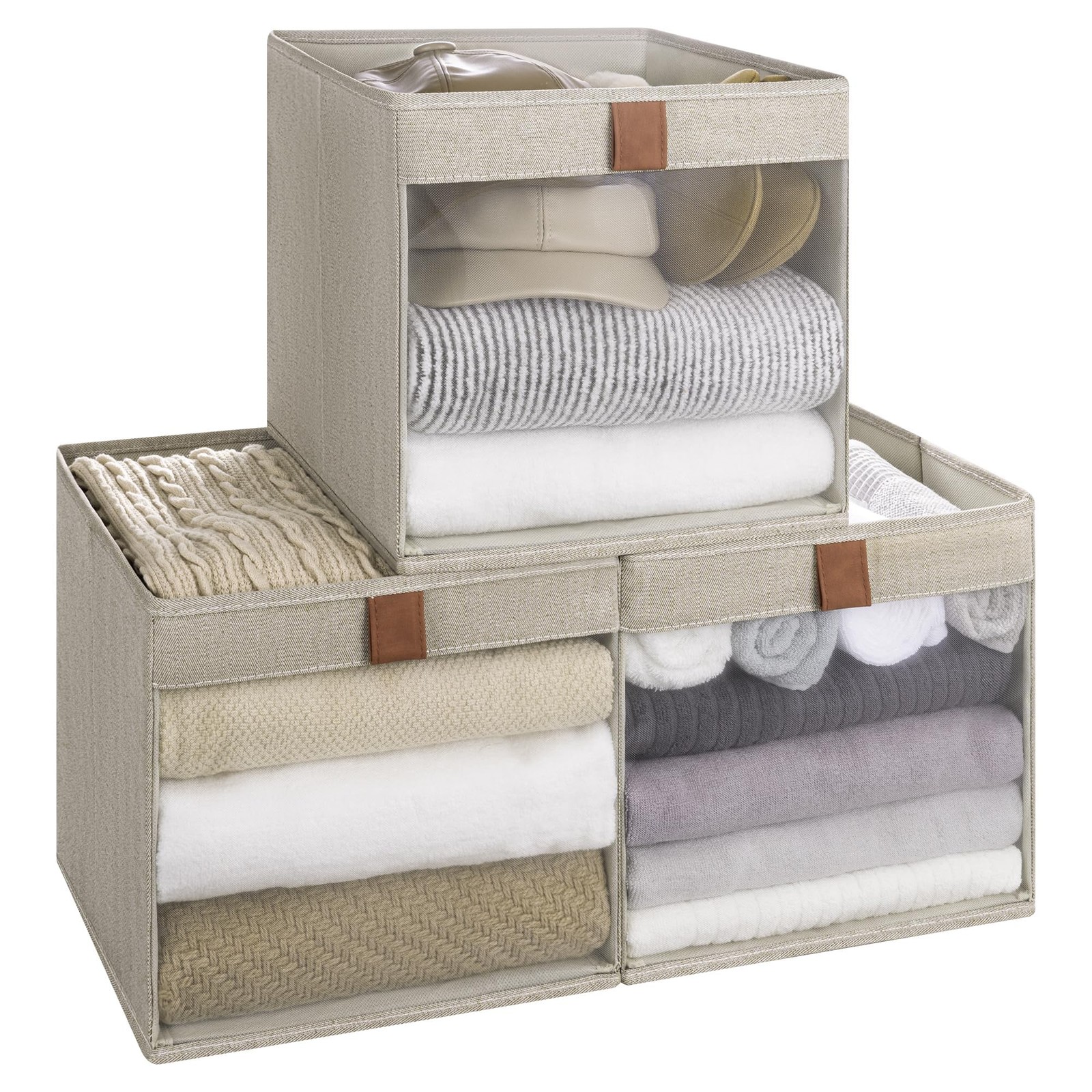 Set Of 3 Brown Beige 11x11 Inch Collapsible Fabric Cube Storage Bins Organizer