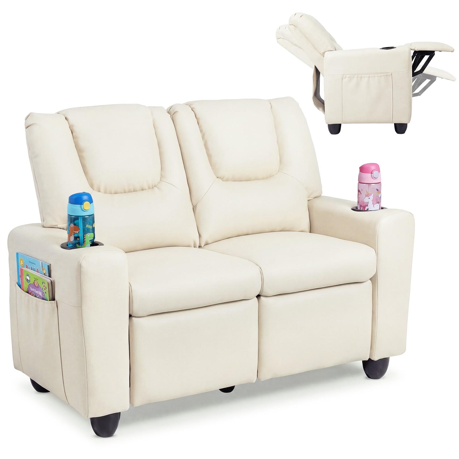 2-Seater Kids Recliner w/Cup Holders Side Storage Pockets Adjustable Backrest