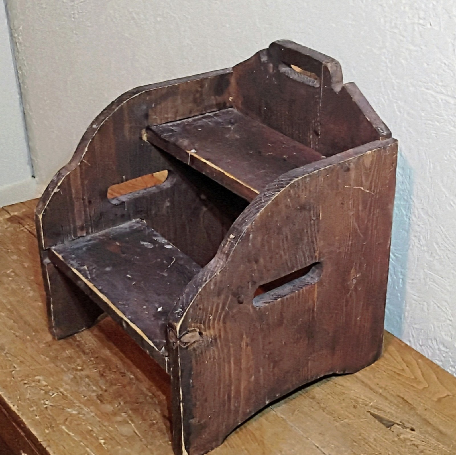 Antique Handmade Wooden Step Stool with Handle Rustic Brown Stained Portable