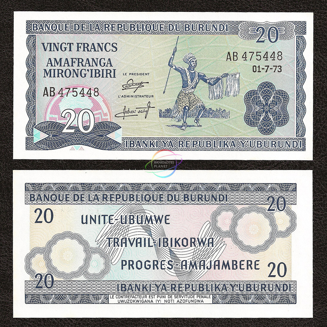 BURUNDI 20 Francs 1973 P-21b UNC Uncirculated