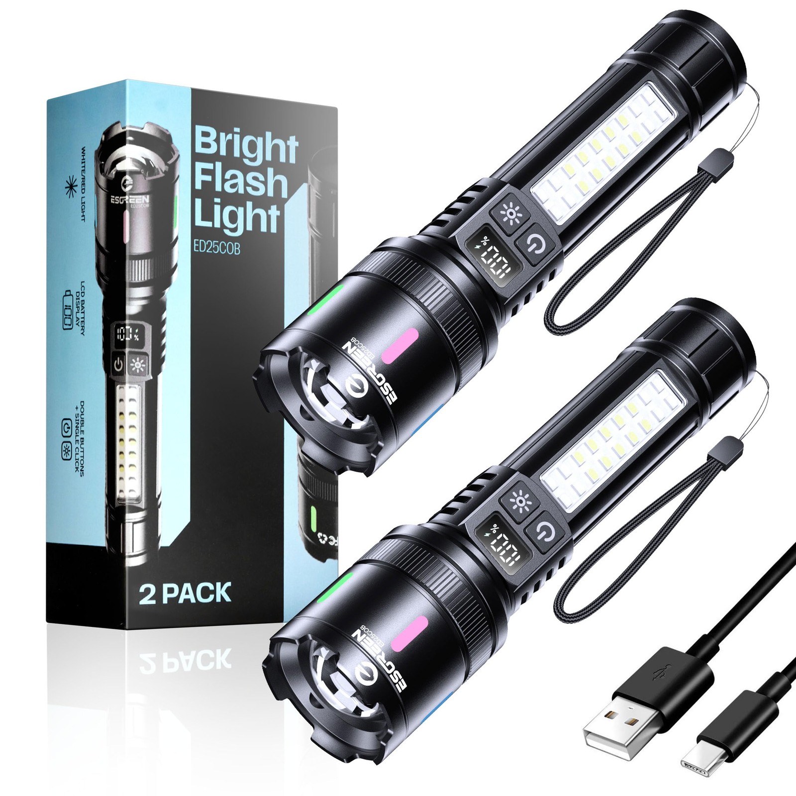 LED Rechargeable Flashlights High Lumens 20000 2 Pack, Single Click Bright Fl...