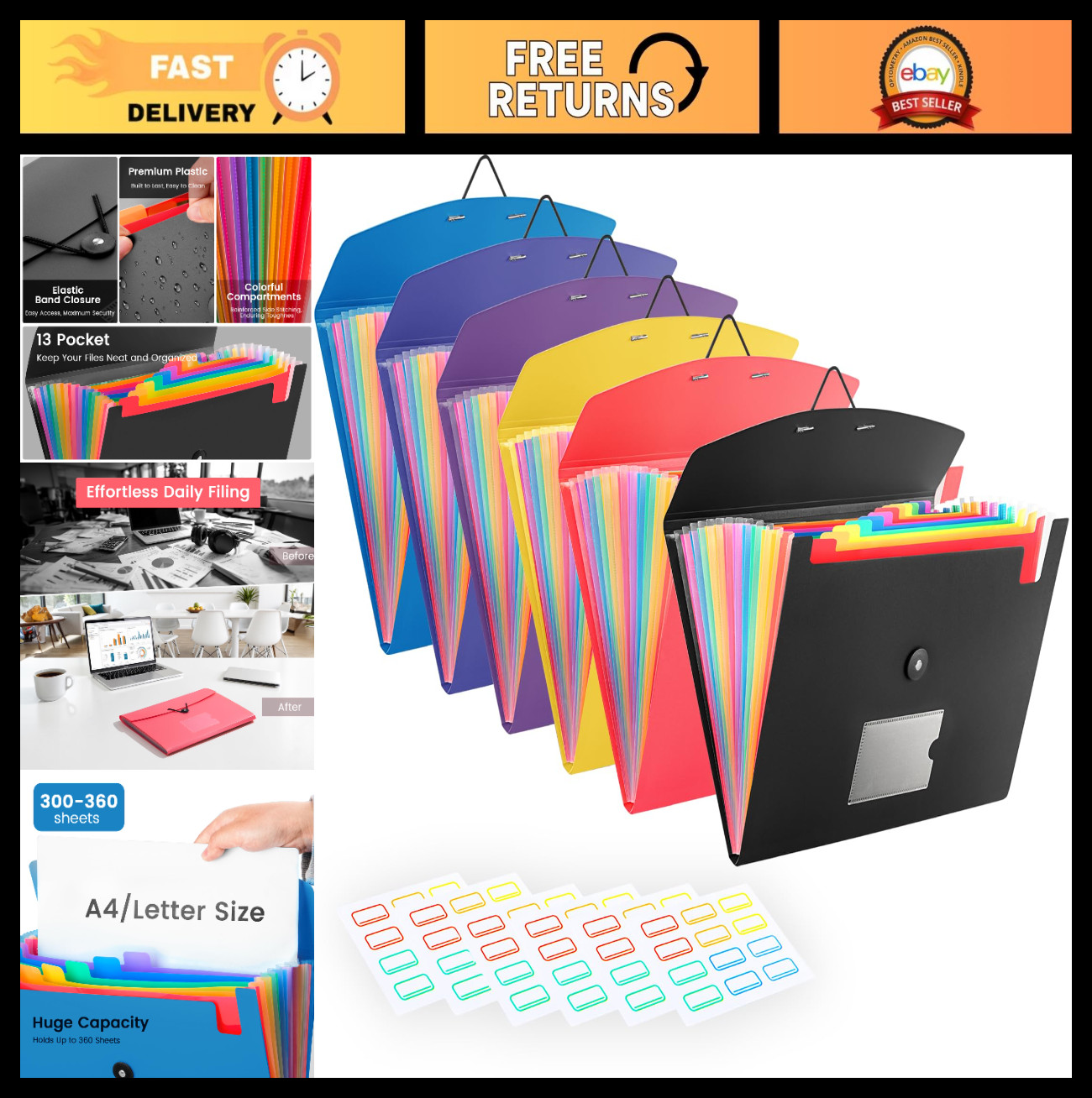 6 Pack Accordion File Organizer - 13 Pocket Expanding Folder for A4 & Letter Siz