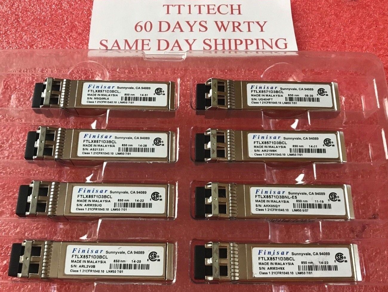 Lot of 8 Finisar FTLX8571D3BCL SFP+SR 10Gb 850nm 300m w/60 DAYS WRTY Big QTY.