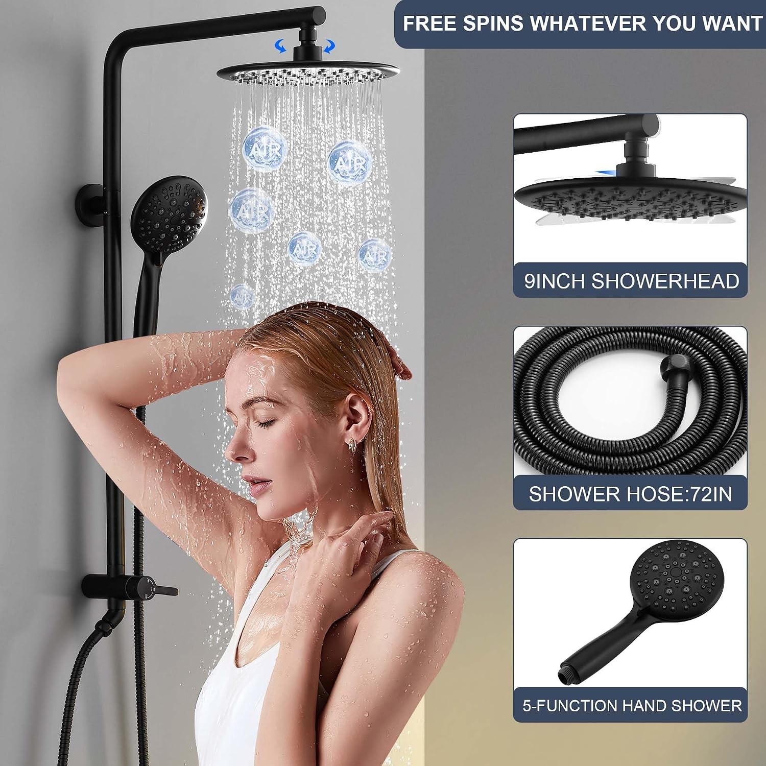 5-Function Retrofit Shower System Matte Black 9 Inch Rain Shower Head with