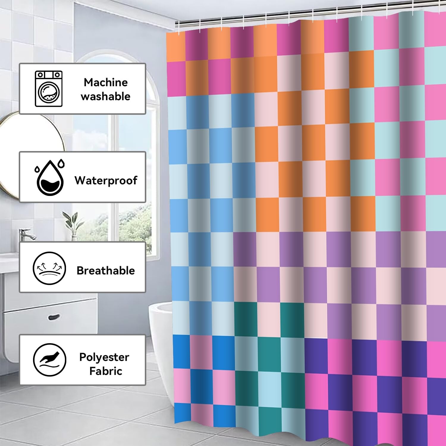 4 PCS Checkered Shower Curtain Sets Fun Gingham Bathroom Sets Soft Non Slip B...
