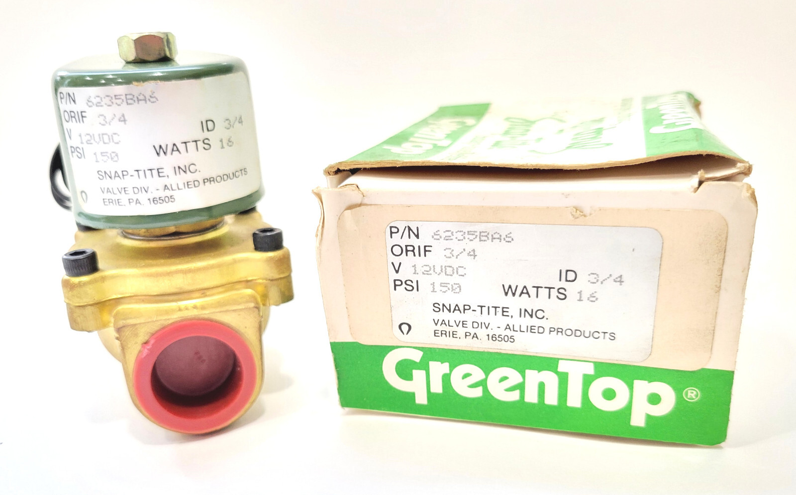 Snap-Tite Jefferson 6235 BA6 Solenoid Valve 12V DC 16W 3/4" NPT 150 PSI 6235BA6