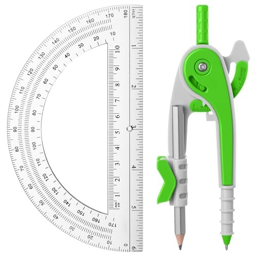 Student Geometry Math Set, Drawing Compass and 6 Inch Clear Swing Arm Green