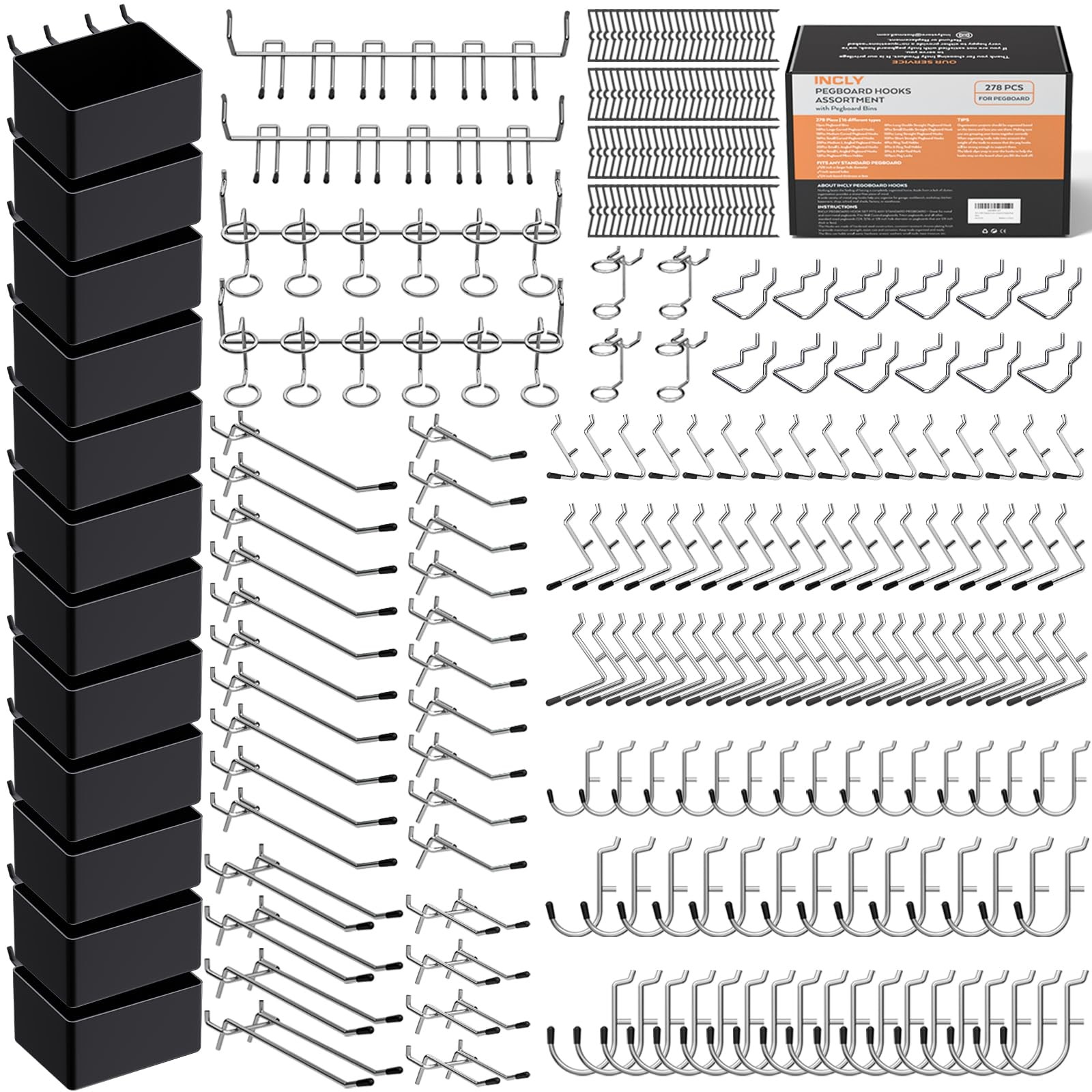 INCLY 278PCS Pegboard Accessories Organizer Kit, Peg Board Hooks Assortment with
