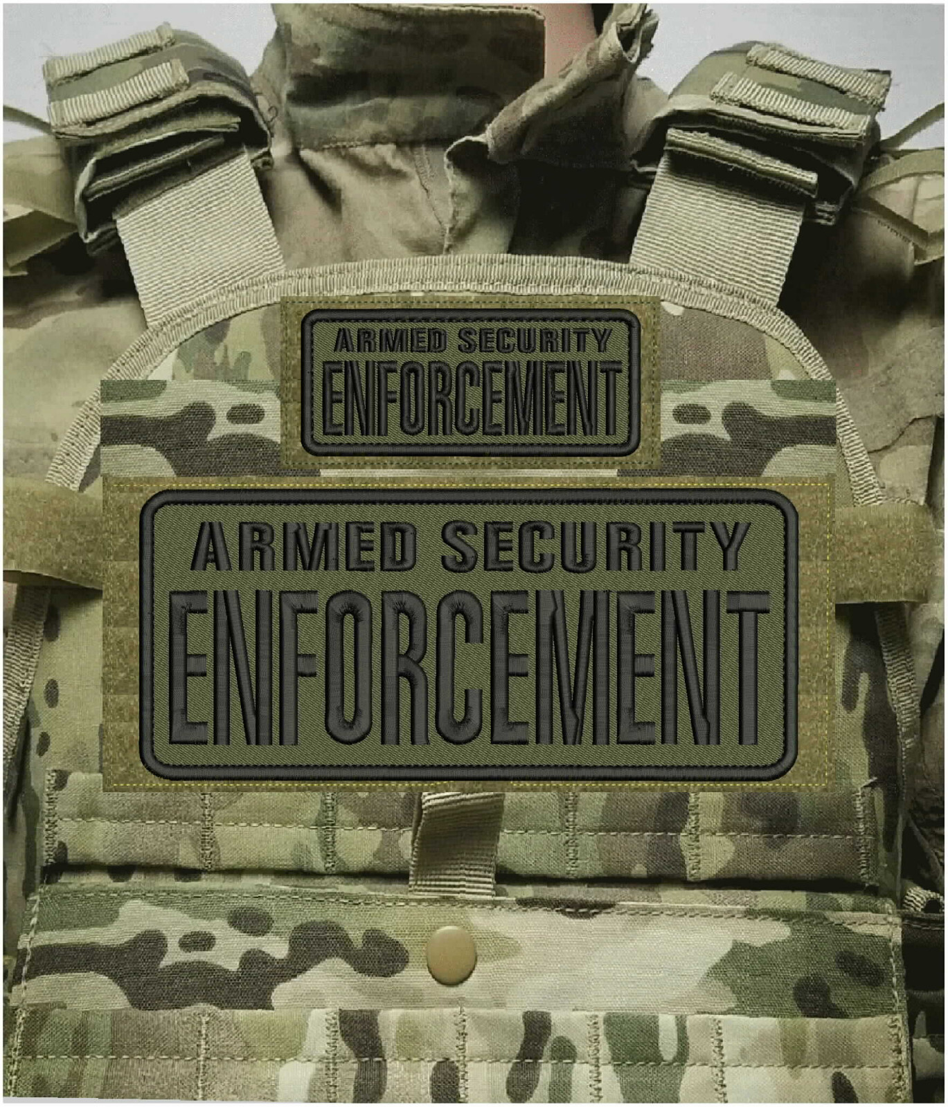 A SECURITY E EMBROIDERY PATCH 4X10 AND 2X5 HOOK ON BACK BLACK ON RANGER GREEN