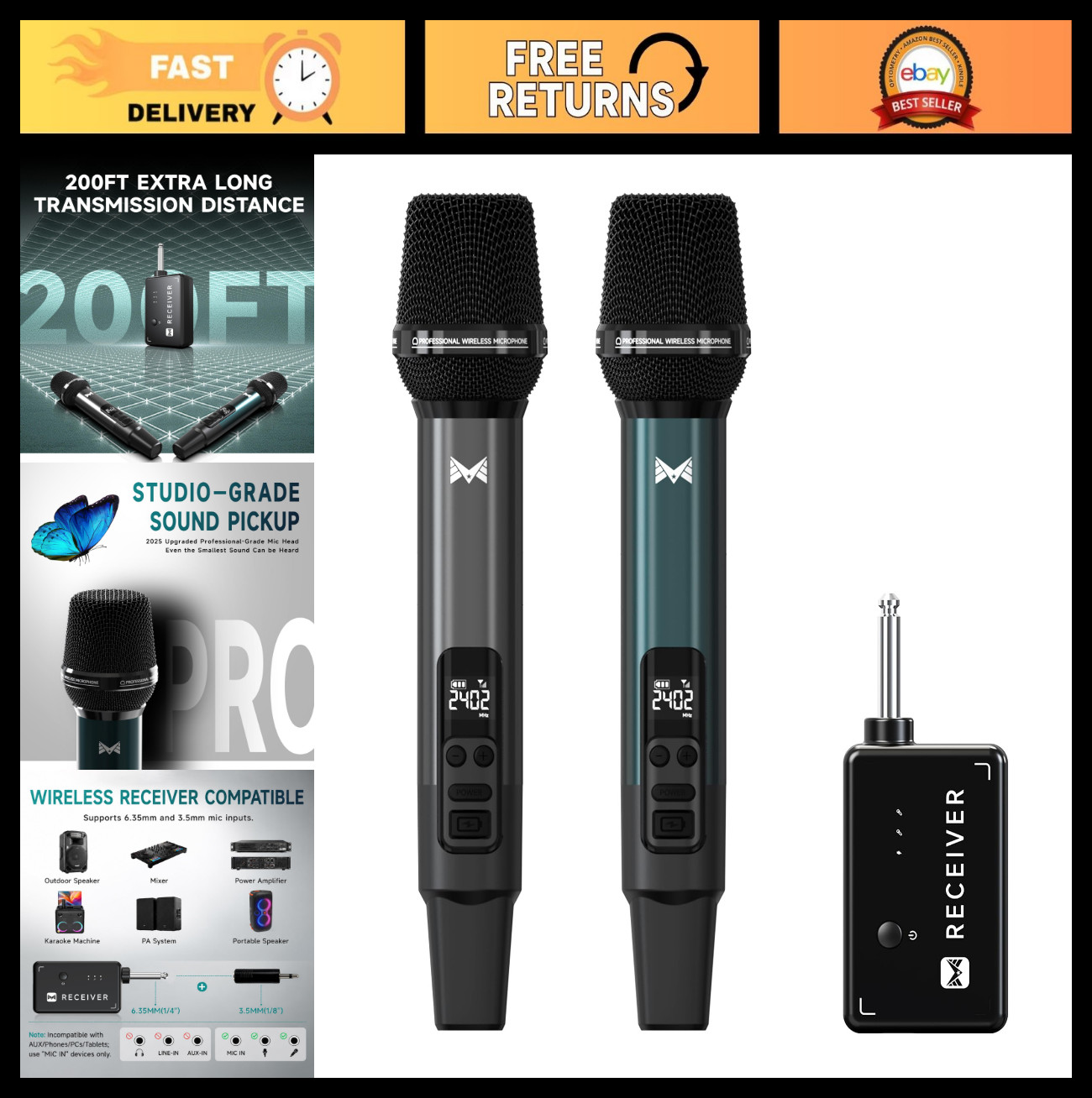 Dynamic Wireless Microphone System, Rechargeable Receiver, 40H Battery, 200FT Ra