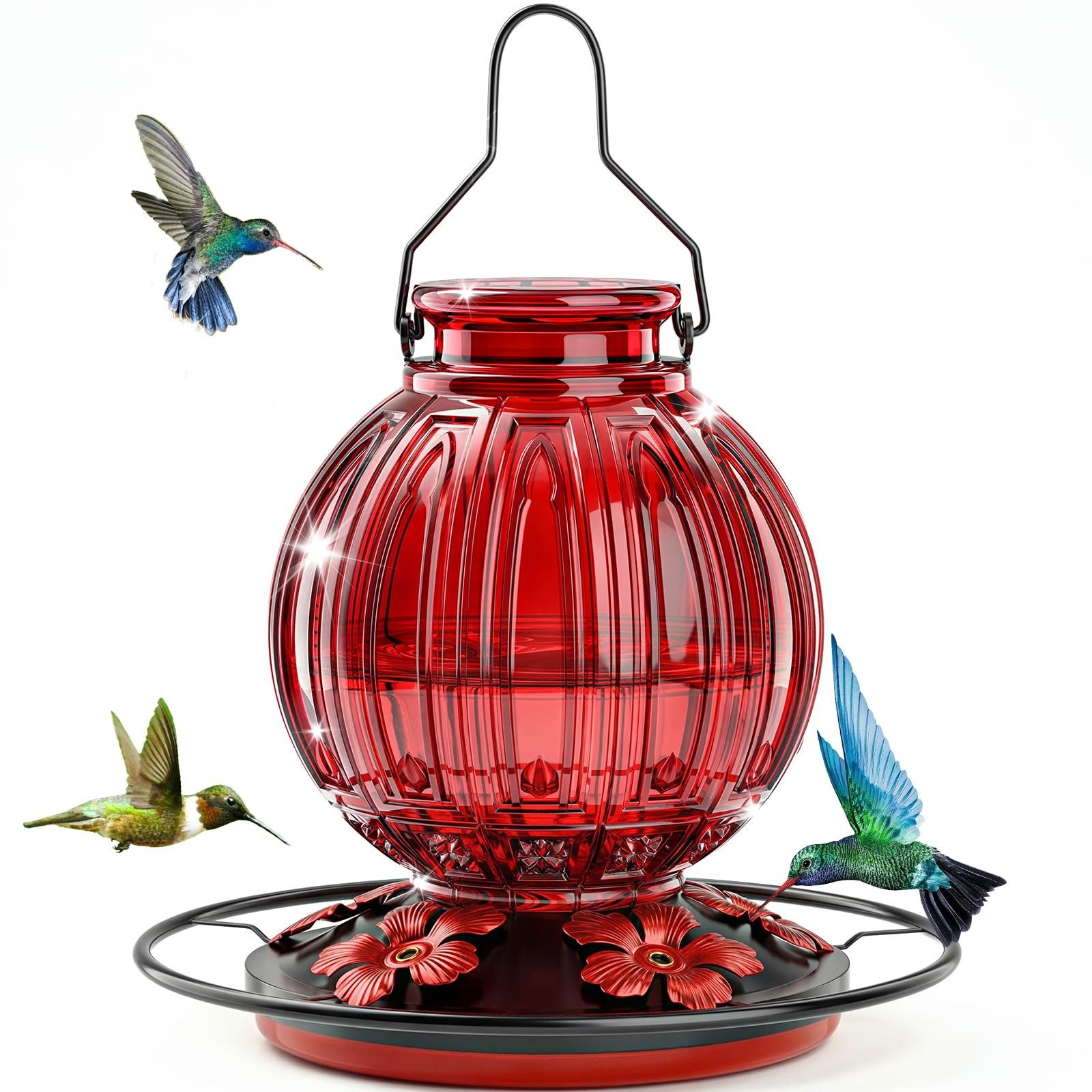 Glass Hummingbird Feeder for Outdoors Hanging, 26Oz Bird Nectar 1 Pack, Red