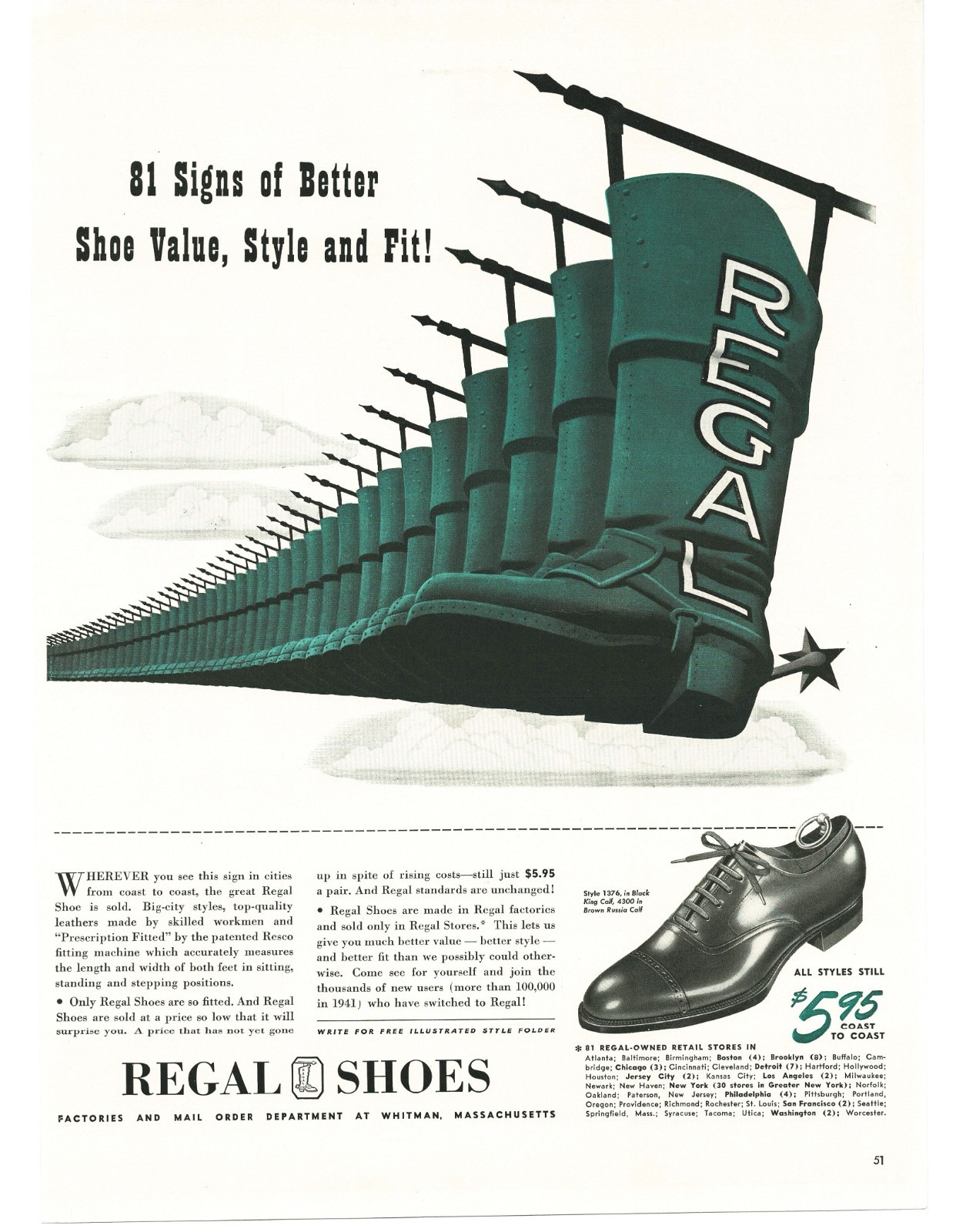 1942 Regal Shoes Green Boot Sign Vintage Print Ad Traditional Graphic Art