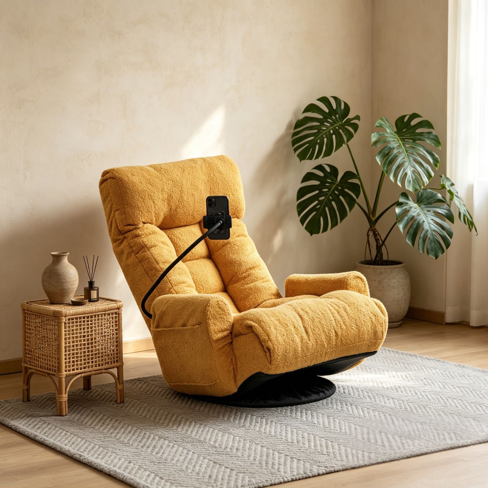 Adjustable Lounge Sofa Chair 360° Rotatable Yellow Cotton