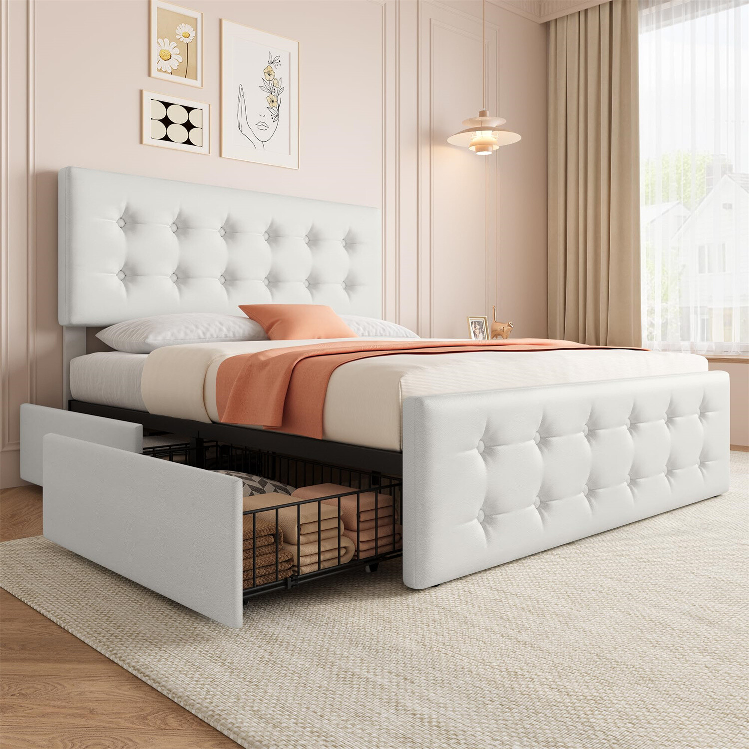 Full Size Bed Frame with 4 Storage Drawers and Headboard Upholstered Platform