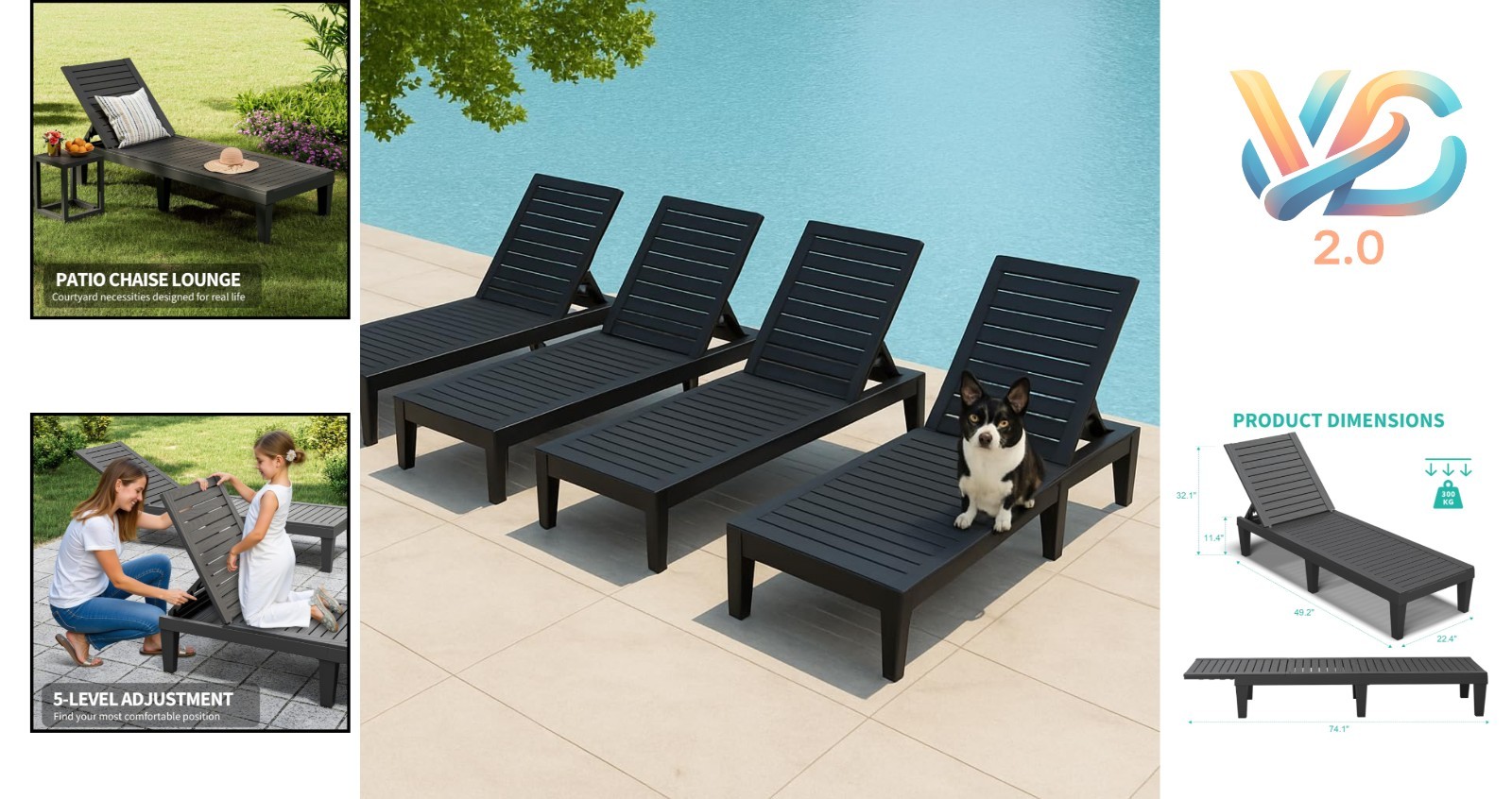 Set of 4 Outdoor Adjustable Chaise Lounge Chairs Wood Texture All-Weather Res...