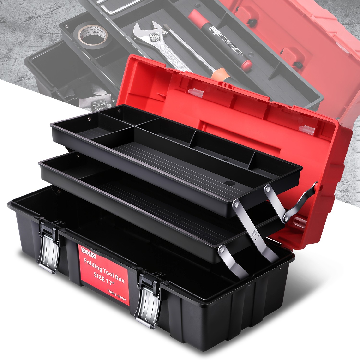 17" 3-Tier Tray Multi-Function Foldable Tool Box Workshop Garage Organize Red