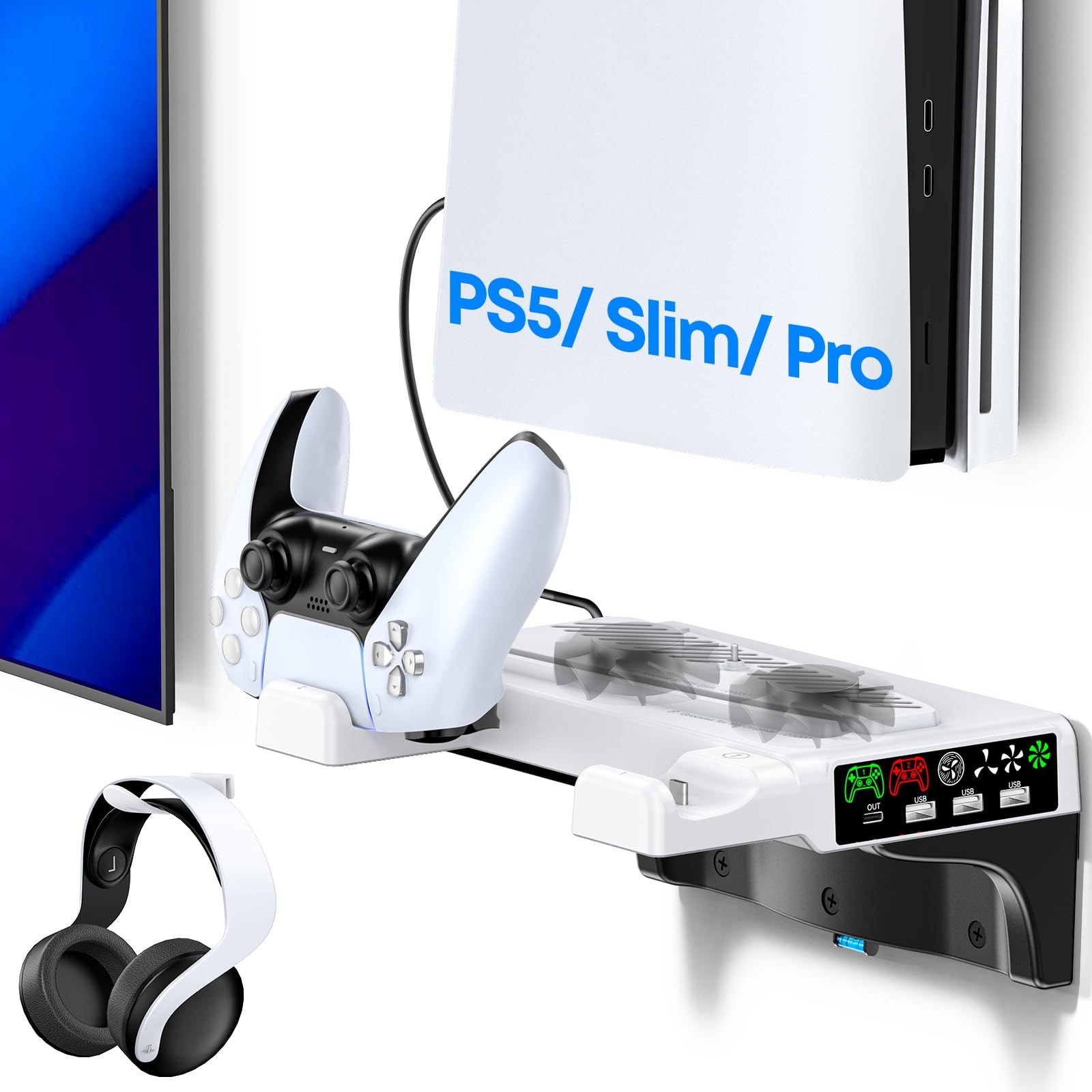 PS5 Wall Mount Kit with Cooling Fan & Charging Station for Console
