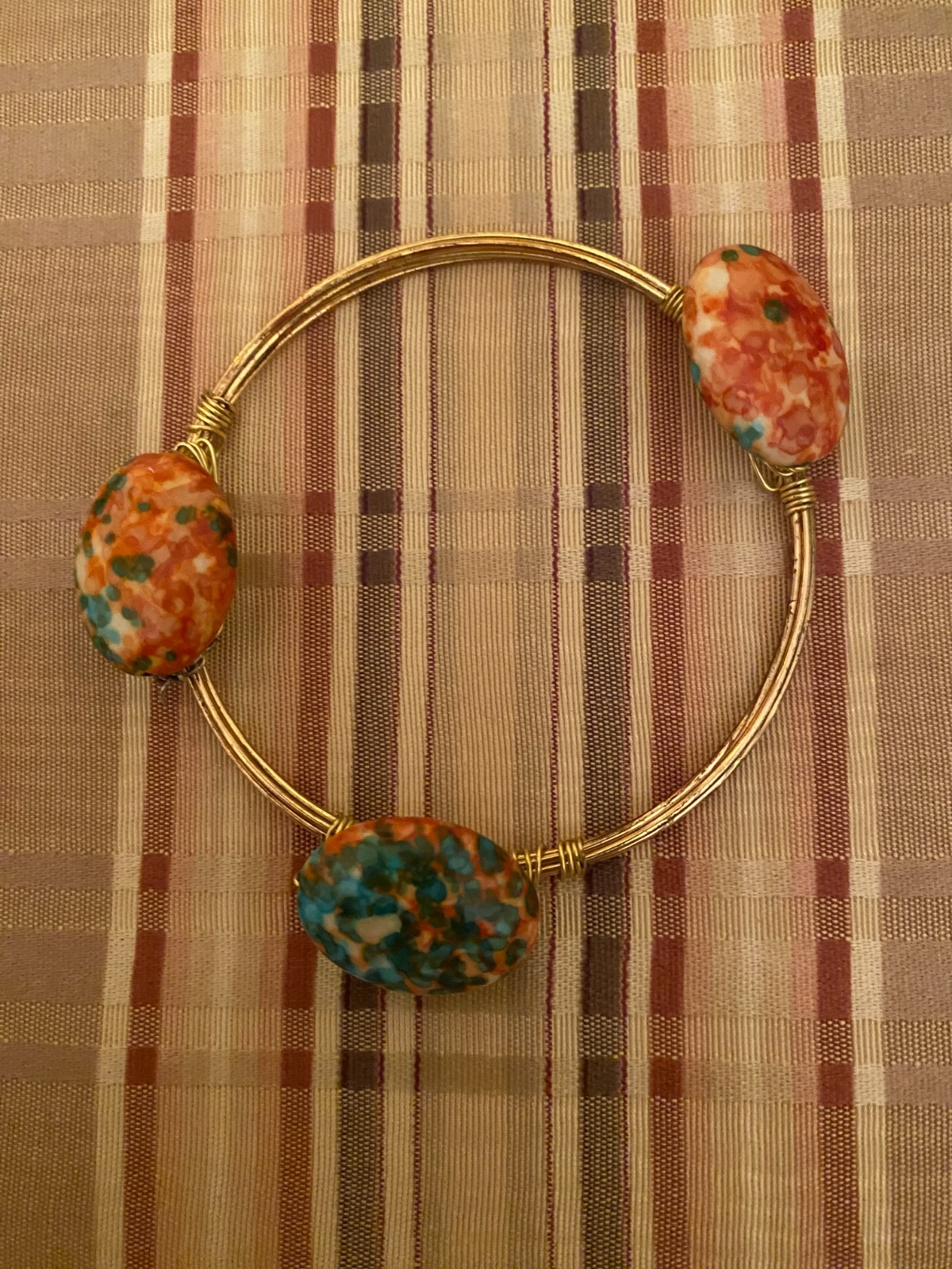Handcrafted Wire Wrapped Bangle Bracelet Three Oval Turquoise or Reddish Orange
