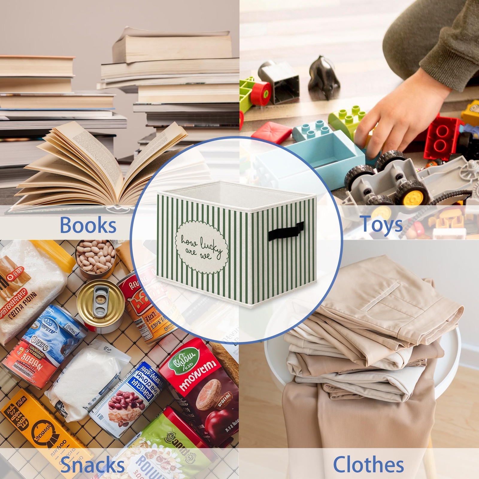 How Lucky Are We Storage Boxes, Green Striped Inspirational Cube Storage Bin ...