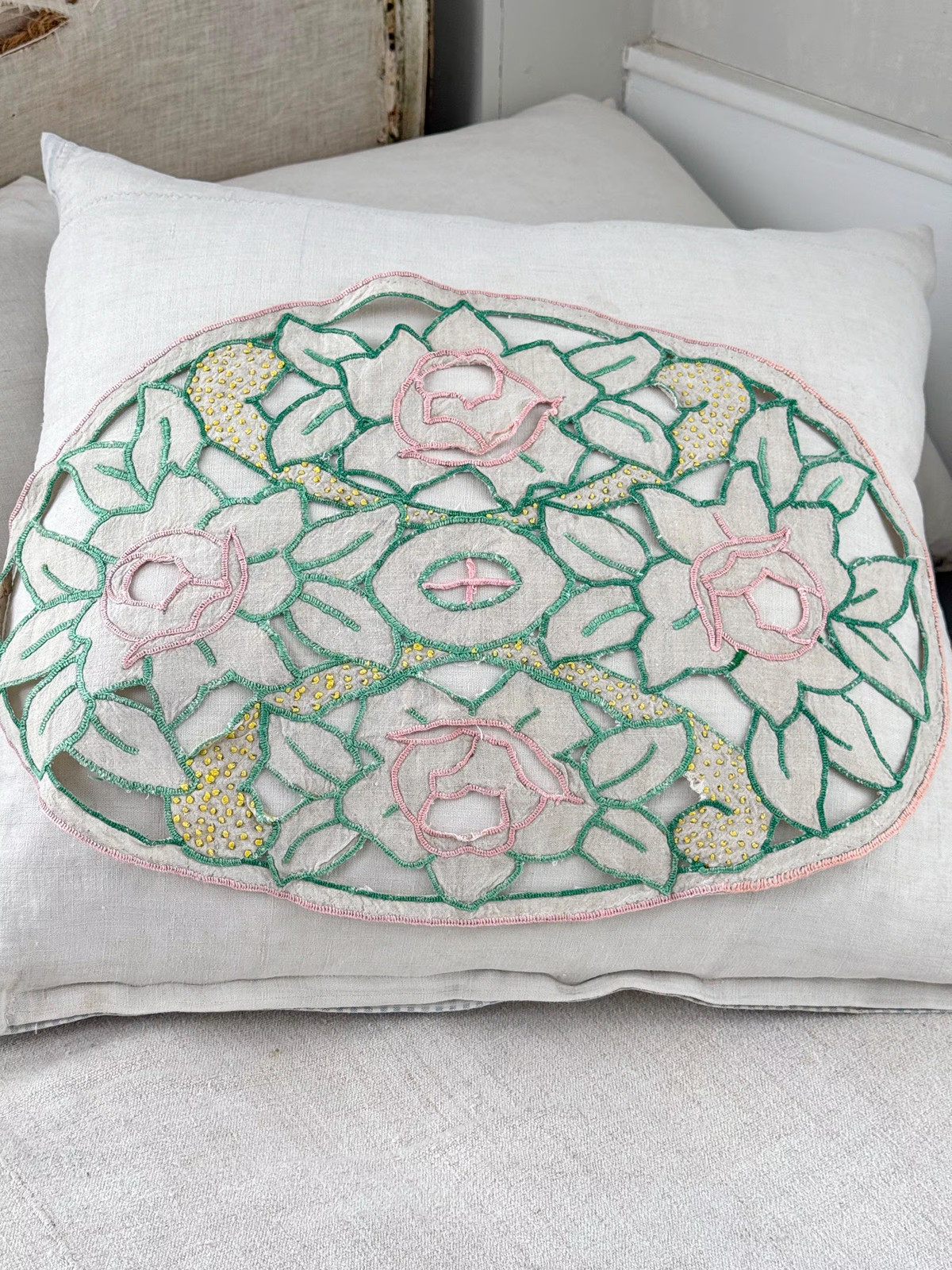 24x15Vintage French oval scatter cushion throw pillow pink ecru handmade embroi