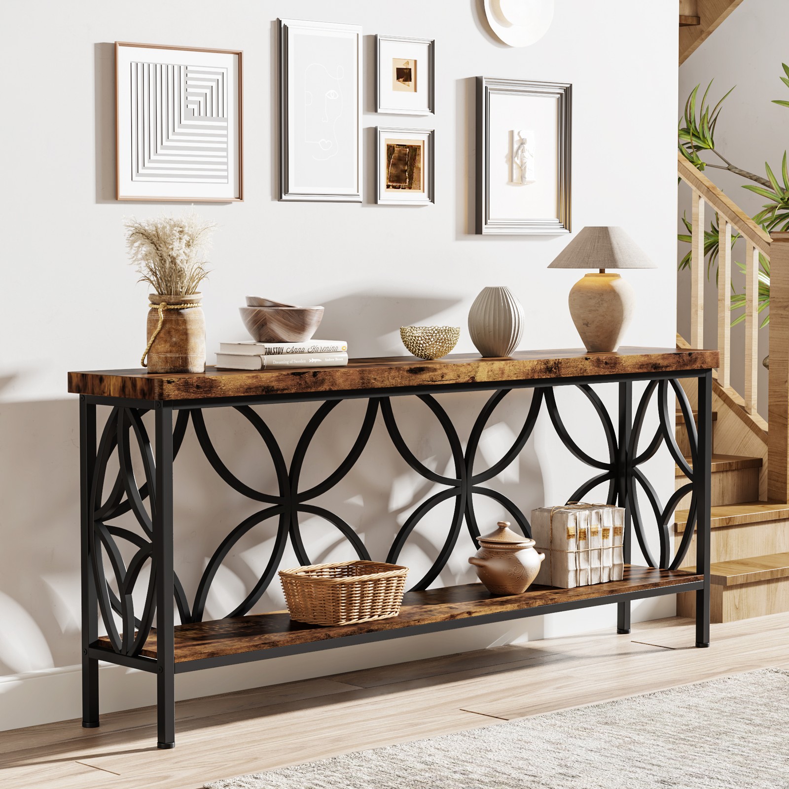 71'' Narrow Console Table, Industrial Long Sofa Table Behind Couch w/ Storage