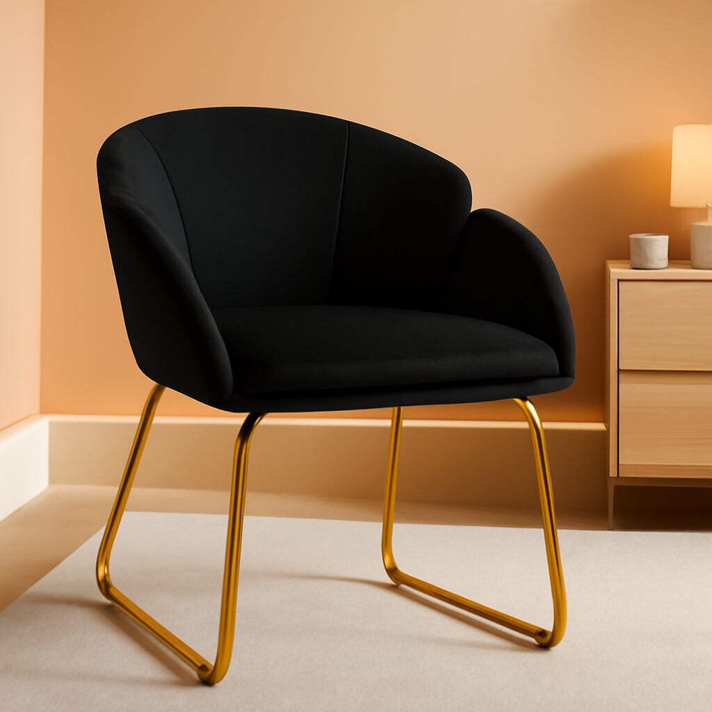 Modern Black Velvet Flower Armchair With Gold Legs