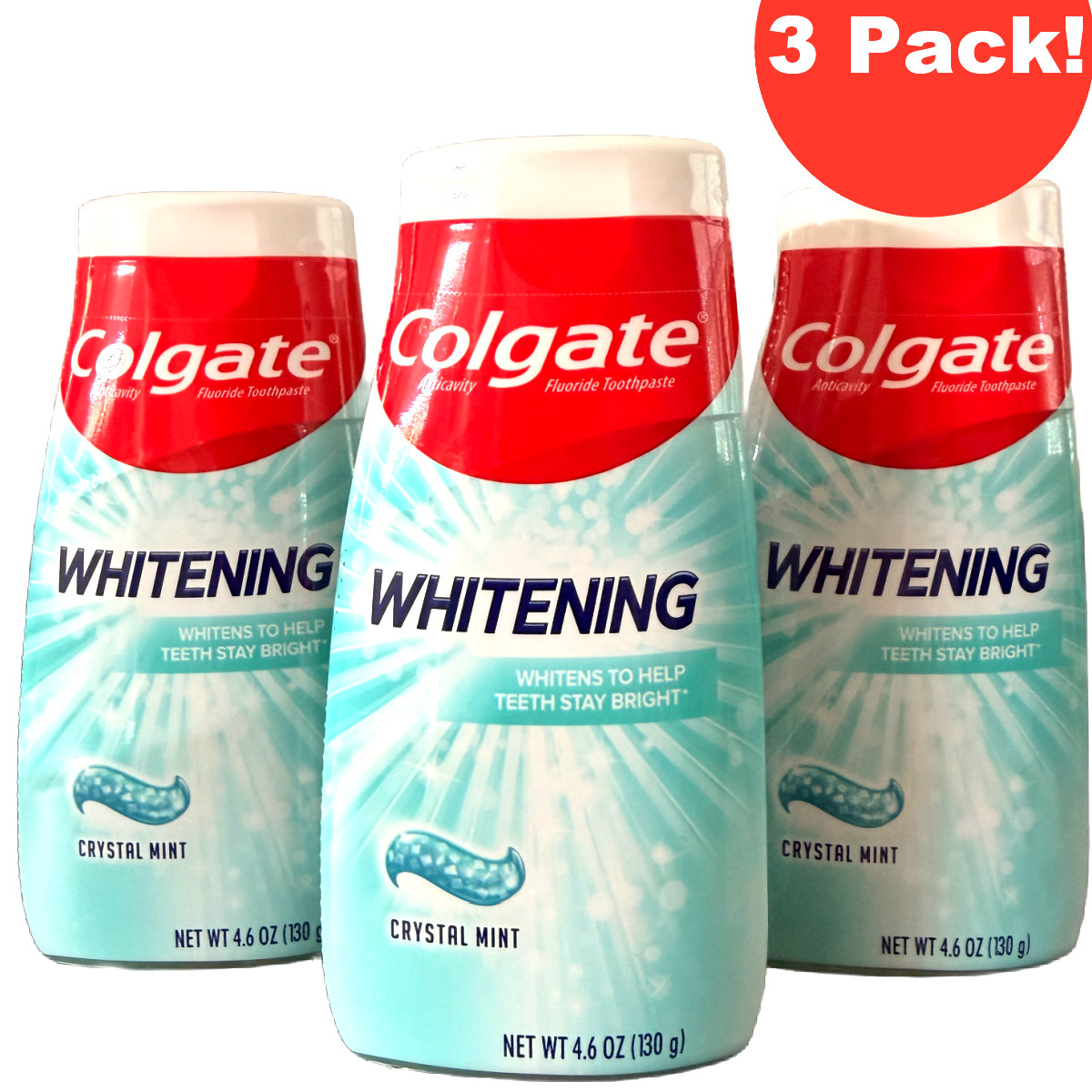 Lot of 3 - Colgate Whitening, Crystal Mint, Toothpaste 4.6 oz. Exp 08/2027