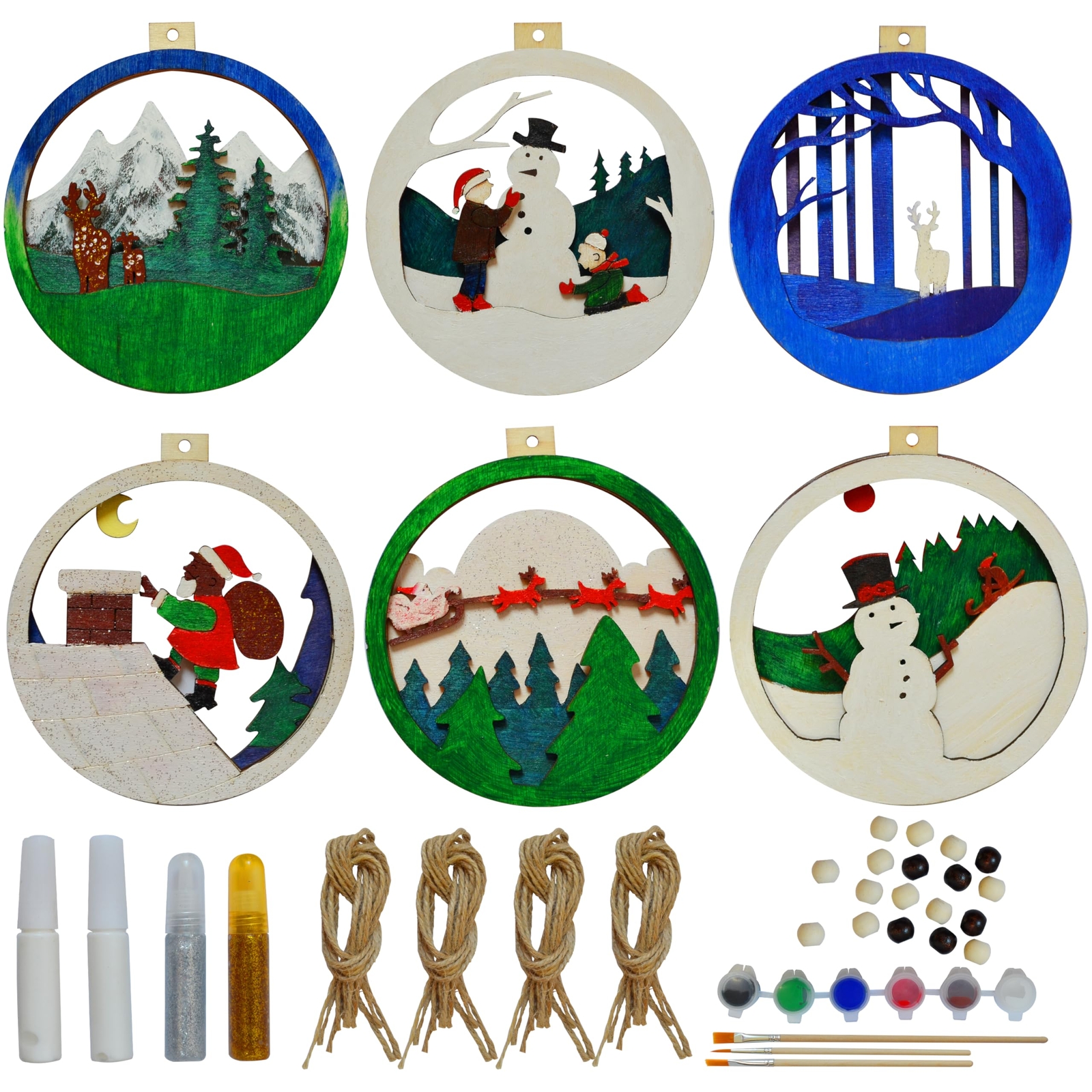 JoieDomi 6 Piece DIY Unfinished Wood Ornament Kit w/Paint, Brushes, Glitter Etc.