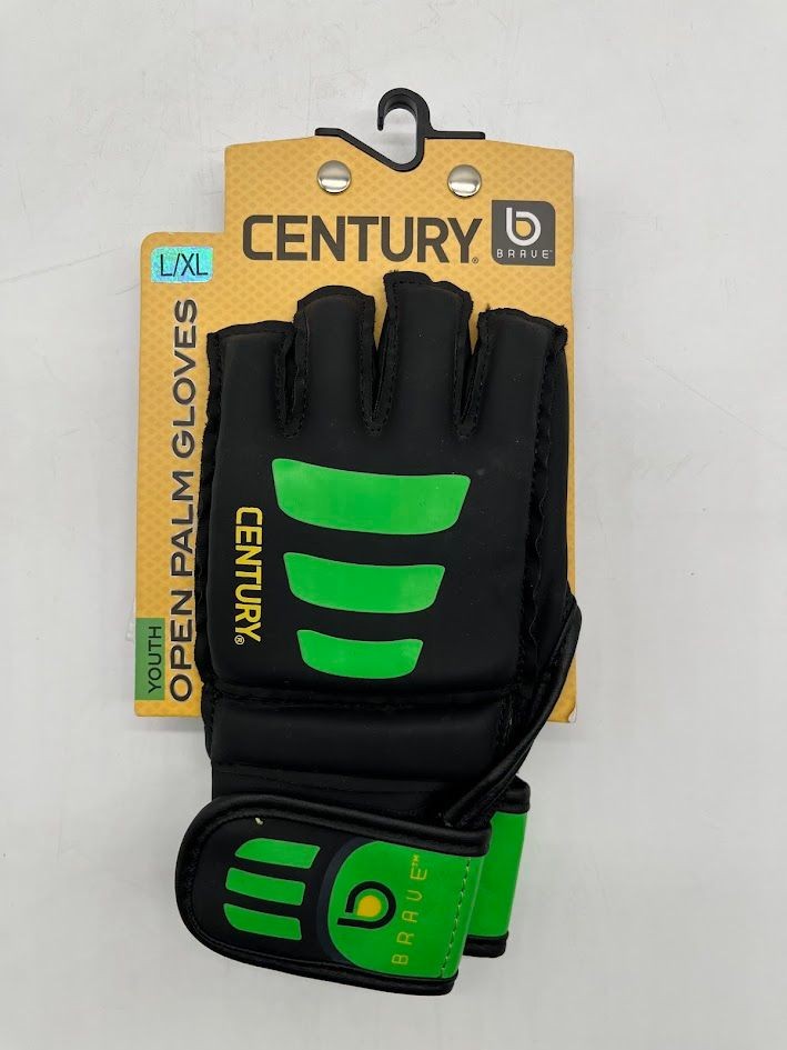 Century Youth MMA Open Palm Gloves L XL Black Green Hook Loop Wrist Strap
