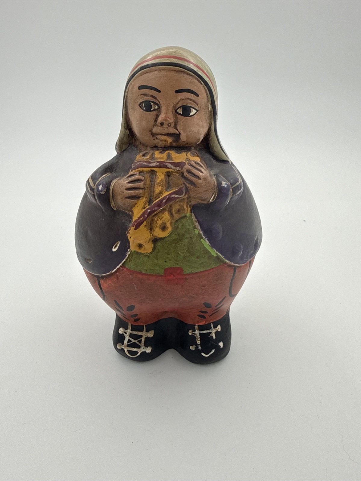 Vintage Chulucanas Peruvian Handmade Pottery Of Figure Playing Pan Pipes