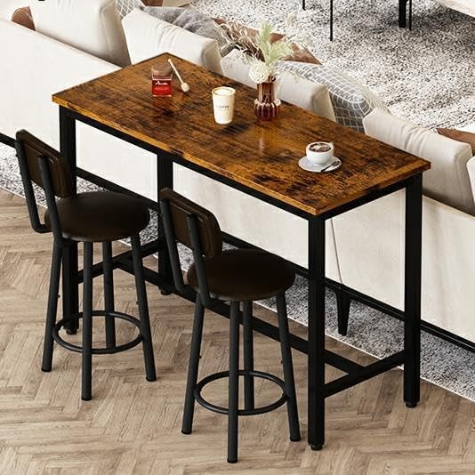 Industrial Pub Height Table with 2 PU Upholstered Stools,3-Piece Kitchen Table