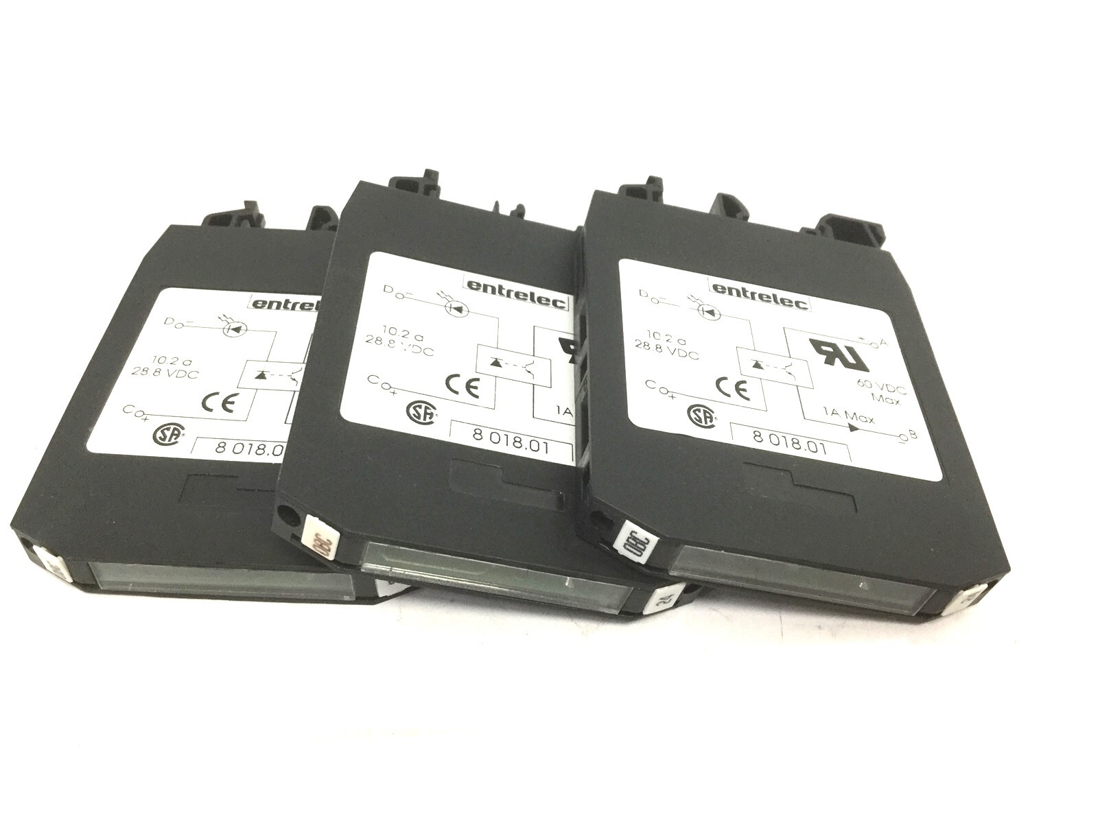 Lot of 3 Entrelec 8018.01 Optocoupler Modules, In: 28.8VDC 10.2A, Out: 60VDC 1A